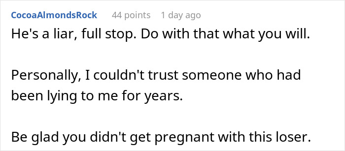 Screenshot of a forum comment accusing a husband of lying and risking their future child's health. Screenshot of a forum comment accusing a husband of lying and risking their future child's health.