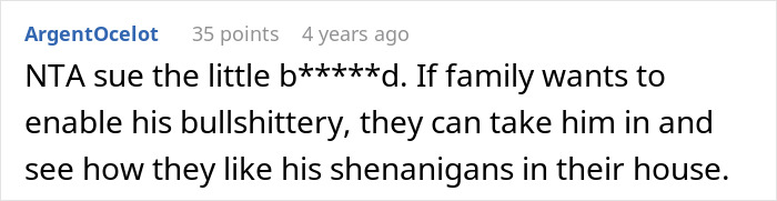 Screenshot of online comment discussing a man demanding cousin pay for his cruel prank and family reactions. Screenshot of online comment discussing a man demanding cousin pay for his cruel prank and family reactions.