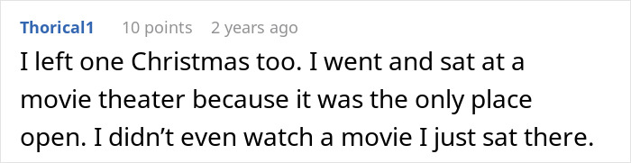 Comment about mom running away from her kids on Christmas, sharing experience of seeking peace at a movie theater.