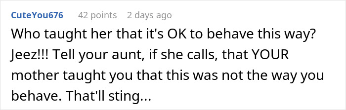 Comment criticizing entitled Thanksgiving guest behavior, questioning who taught her to act so rudely after leaving without goodbye.