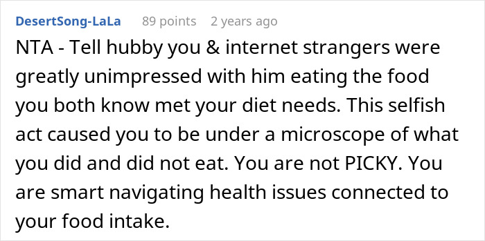 Screenshot of an online comment discussing a husband, family, and a woman navigating picky eating and allergies.
