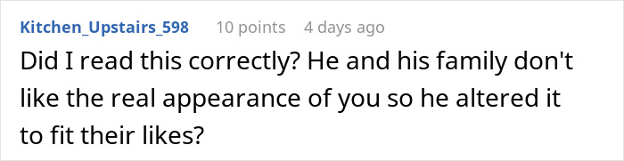 Text comment on screen about boyfriend editing face in every photo, questioning altering appearance to fit family preferences. Text comment on screen about boyfriend editing face in every photo, questioning altering appearance to fit family preferences.