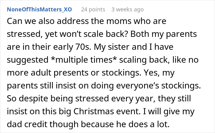 Comment highlighting stressed moms left to do all Christmas labor while adults claim feminism without helping. Comment highlighting stressed moms left to do all Christmas labor while adults claim feminism without helping.