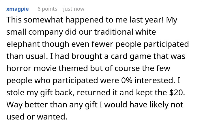 Man shares story about stealing his own white elephant gift and getting a refund, sparking debate online about the act. Man shares story about stealing his own white elephant gift and getting a refund, sparking debate online about the act.