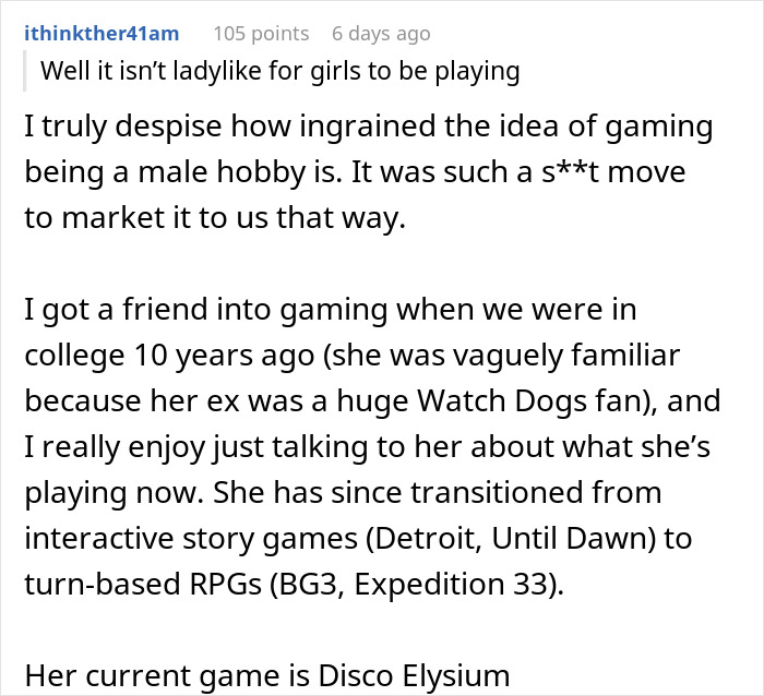 Text post discussing how a guy mocks his girlfriend for playing video games, calling it not ladylike. Text post discussing how a guy mocks his girlfriend for playing video games, calling it not ladylike.