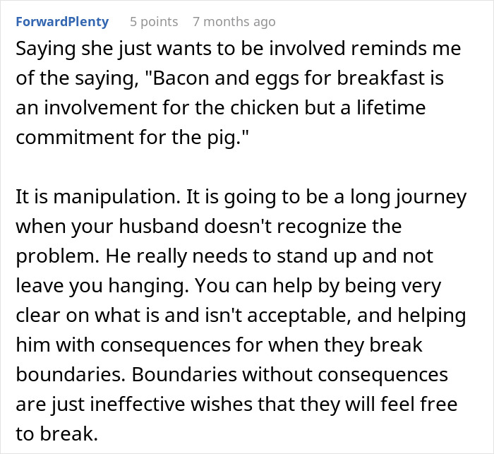 Forum comment discussing manipulation and husband’s failure to stand up to mother affecting wife’s boundaries.