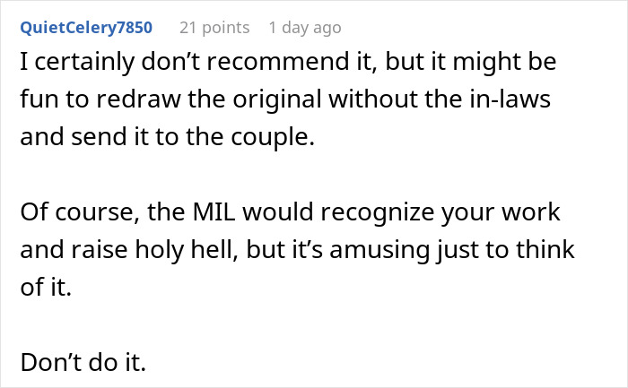 Reddit user discussing MIL’s plan to make bride look ugly in wedding illustration and the artist catching on.