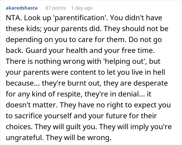 Exhausted Teen screenshot of Reddit comment advising against parentification and protecting health