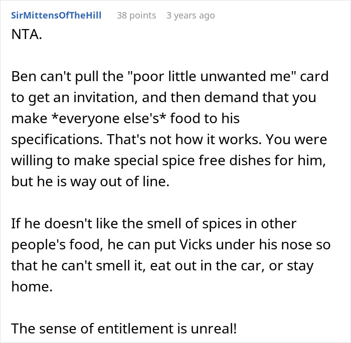 Comment discussing a picky eater demanding brother’s in-laws change Christmas menu and receiving a reality check. Comment discussing a picky eater demanding brother’s in-laws change Christmas menu and receiving a reality check.