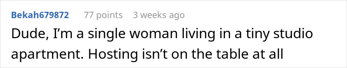 Screenshot of an online comment where a woman says hosting is not an option, highlighting moms doing all the labor in feminism debates. Screenshot of an online comment where a woman says hosting is not an option, highlighting moms doing all the labor in feminism debates.