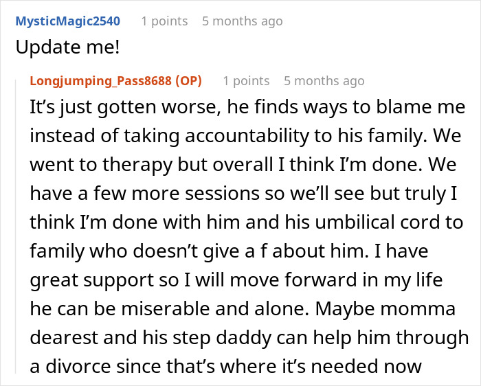 Screenshot of a Reddit conversation about a husband not standing up to his mother and a wife considering walking away.