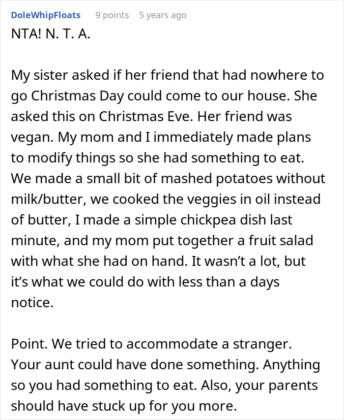 Comment explaining efforts to create no vegan options for Christmas Eve dinner with limited time and ingredients. Comment explaining efforts to create no vegan options for Christmas Eve dinner with limited time and ingredients.