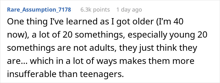 Text post discussing how young 20-somethings can be more insufferable than teenagers, reflecting on adult behavior.