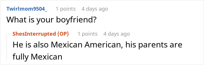 Screenshot of a Reddit conversation where a user asks about a boyfriend’s background and gets a reply about Mexican American heritage. Screenshot of a Reddit conversation where a user asks about a boyfriend’s background and gets a reply about Mexican American heritage.