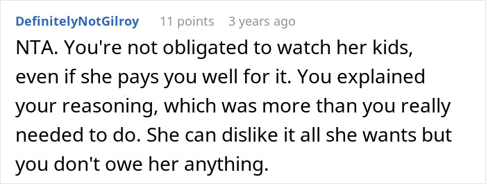 Reddit comment defending a teen refusing to babysit a reckless 8-year-old, discussing obligations and family conflict. Reddit comment defending a teen refusing to babysit a reckless 8-year-old, discussing obligations and family conflict.