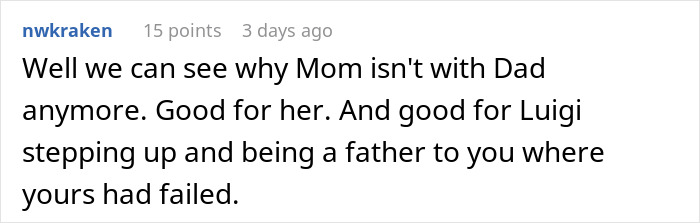 Screenshot of a comment discussing a teen’s stepmother showing true colors and family dynamics involving insecurity about a kid. Screenshot of a comment discussing a teen’s stepmother showing true colors and family dynamics involving insecurity about a kid.