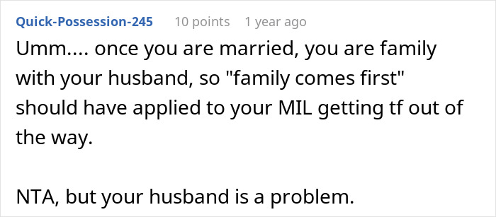 Screenshot of a forum comment discussing a mother-in-law wearing a white dress to her son's wedding causing tension with the bride. Screenshot of a forum comment discussing a mother-in-law wearing a white dress to her son's wedding causing tension with the bride.