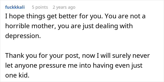 Comment expressing support for a mom dealing with depression after running away from her kids on Christmas.