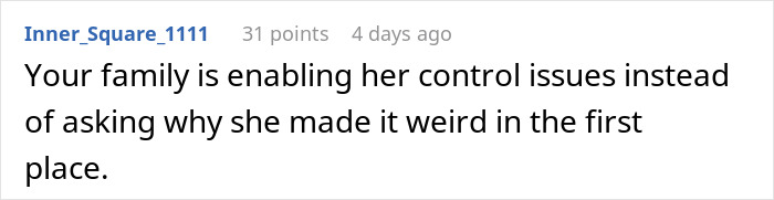 Screenshot of a Reddit comment discussing family dynamics as a lady drops out of Secret Santa over a luxe shopping list.