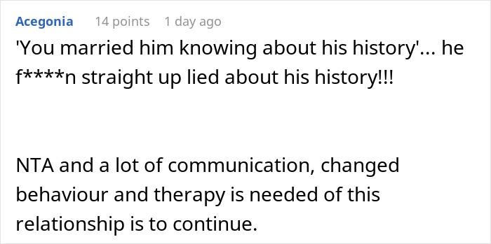 Screenshot of an online comment discussing a woman confronting her husband after exposing his lie risking their future child's health.