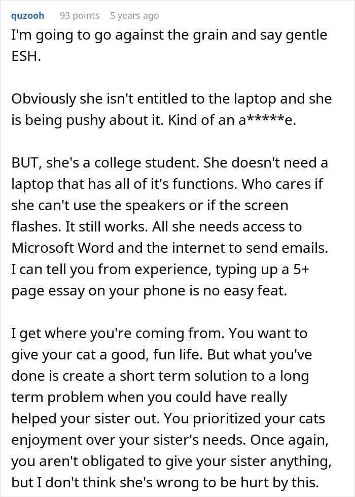 Reddit user comments discussing a guy giving his old laptop to his cat instead of his sister, sparking internet debate.