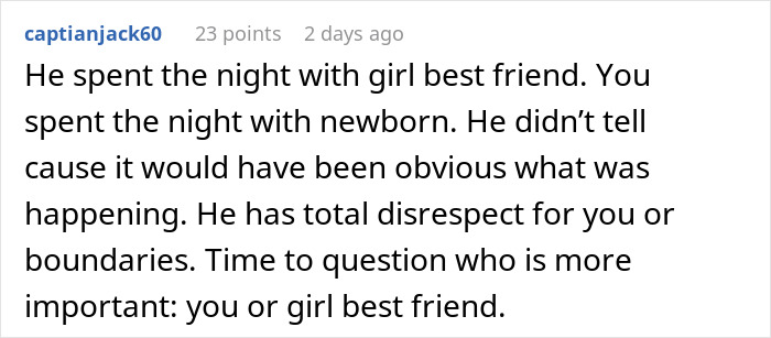 Comment discussing a woman rethinking her relationship after her boyfriend ditched her and newborn to party over 18 hours.