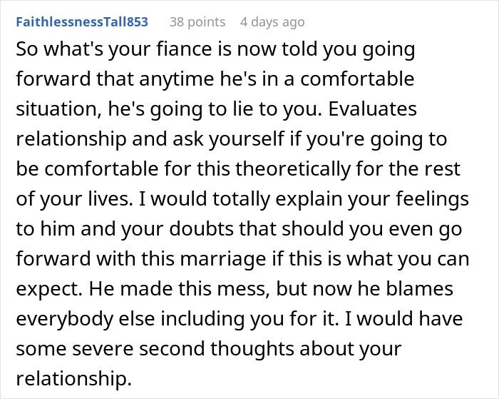 Comment discussing a woman rethinking her engagement after fiancé’s lie about her family causes conflict during holiday dinner.