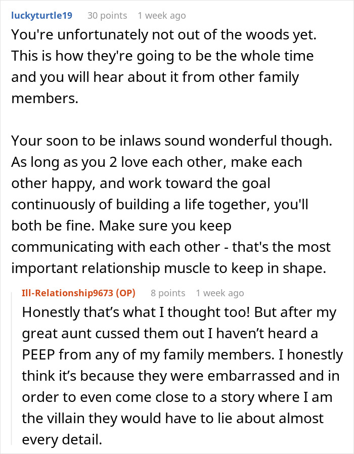 Reddit comments discussing bride&rsquo;s parents throwing tantrums and being uninvited from the wedding after great aunt&rsquo;s intervention.