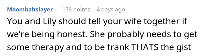 Comment suggesting therapy for wife amid family tension after son comes out, highlighting feelings of family implosion and transphobia.