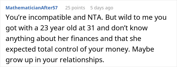 Comment discussing relationship issues over finances and debt, highlighting incompatibility and control concerns.