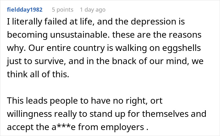Red flags indicating job insecurity shown in a comment about depression and unfair treatment by employers.
