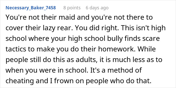 Screenshot of an online comment criticizing a coworker for refusing to fix her own mistake and complaining when called out. Screenshot of an online comment criticizing a coworker for refusing to fix her own mistake and complaining when called out.