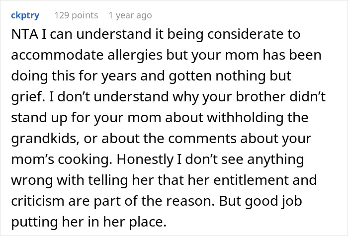 Comment discussing a woman expecting family to cater to her allergies and the resulting family conflict.