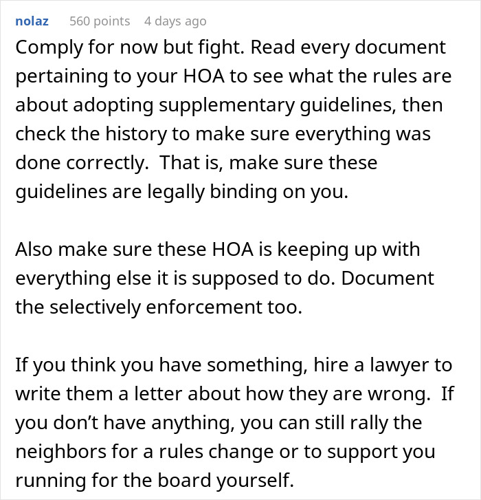 Comment advising compliance and legal review of HOA rules to fight selective enforcement and possible fines for Christmas decor.