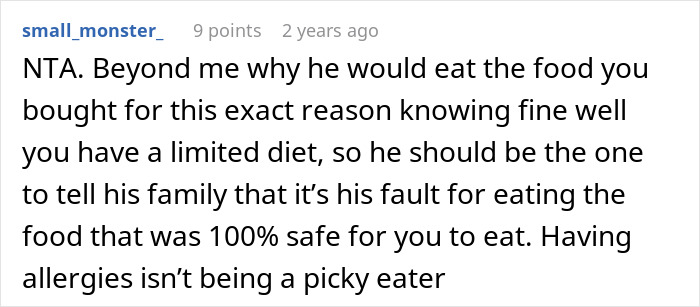 Screenshot of a Reddit comment discussing a husband&rsquo;s family and a woman&rsquo;s picky eating due to allergies.