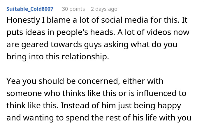 Comment discussing relationship expectations and drama after man tells girlfriend she must earn an engagement ring.