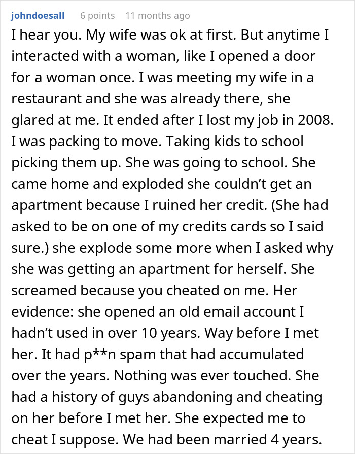 Reddit comment revealing how a wife of 10 years accuses husband of cheating, impacting his reputation after separation.