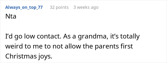 Comment discussing grandma losing babysitting privileges for sneaking baby to Santa against parents' wishes during Christmas. Comment discussing grandma losing babysitting privileges for sneaking baby to Santa against parents' wishes during Christmas.