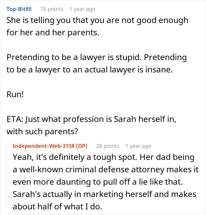 Reddit thread discussing a man pressured by his girlfriend to lie about his career, questioning if the relationship is doomed.