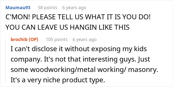 Reddit conversation about woodworking, metal working, and masonry skills in a family business involving half-brothers.