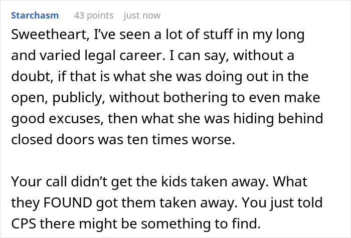 Comment discussing a woman&rsquo;s guilt after calling CPS about coworker&rsquo;s 9-year-old and legal perspectives shared.