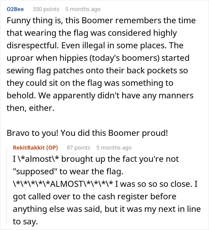 Screenshot of an online discussion featuring an older man in a Goodwill store criticizing younger generations, with a woman responding.