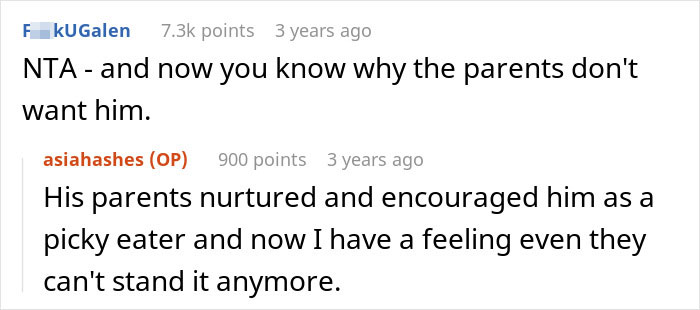 Screenshot of a Reddit thread discussing a picky eater demanding brother’s in-laws change the Christmas menu and facing backlash. Screenshot of a Reddit thread discussing a picky eater demanding brother’s in-laws change the Christmas menu and facing backlash.