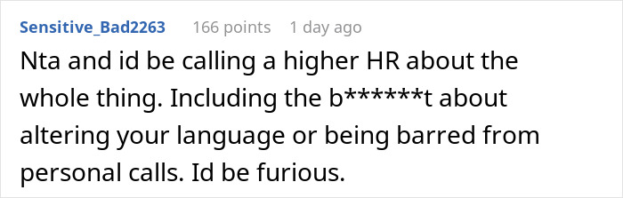 Screenshot of a Reddit comment discussing HR involvement after a coworker reacts to a man taking a call in Korean.