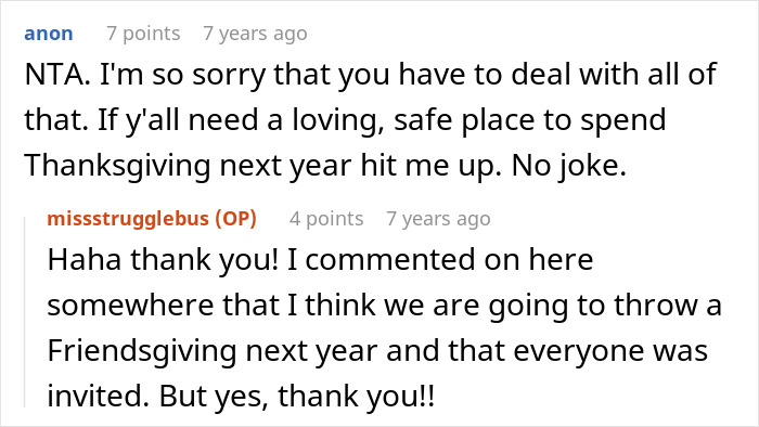 Screenshot of a Thanksgiving forum conversation about feeling regret after a family conflict during dinner.