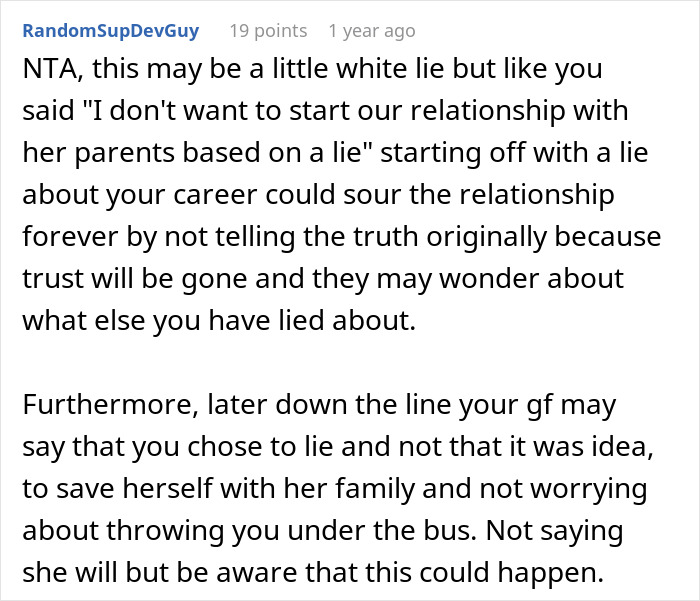 Commenter discusses trust issues in a relationship where a girlfriend pressures her boyfriend to lie about his career.