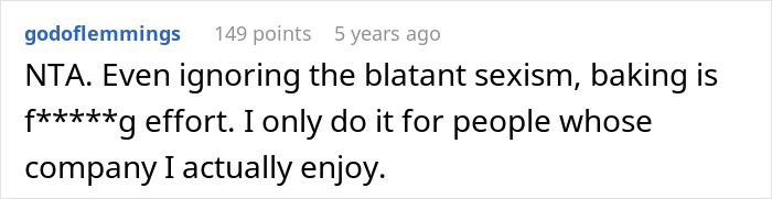 Screenshot of a Reddit comment highlighting the effort behind baking amid office potluck store-bought dessert drama. Screenshot of a Reddit comment highlighting the effort behind baking amid office potluck store-bought dessert drama.