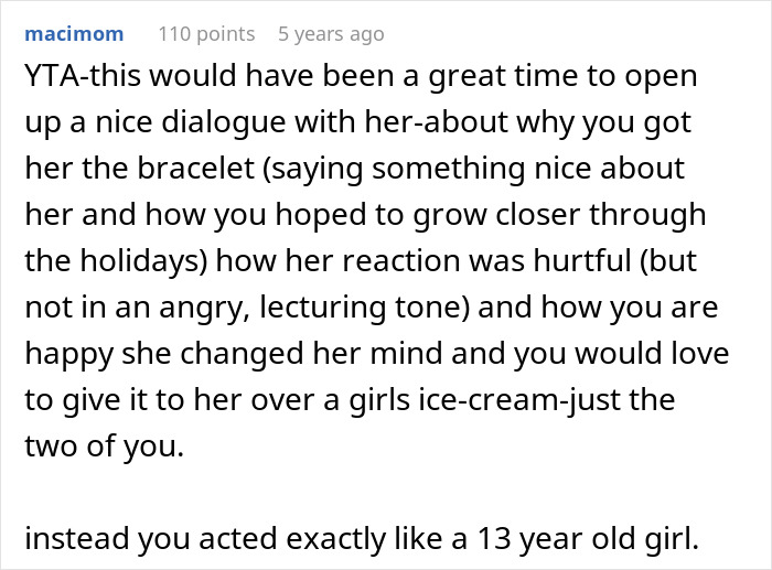 Comment discussing a 13-year-old's regrets about not accepting dad's girlfriend&rsquo;s rude gift and behavior.
