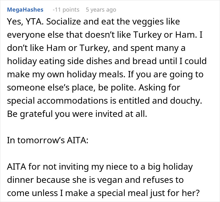 Comment discussing no vegan options for Christmas Eve dinner and opinions on accommodating special meal requests. Comment discussing no vegan options for Christmas Eve dinner and opinions on accommodating special meal requests.