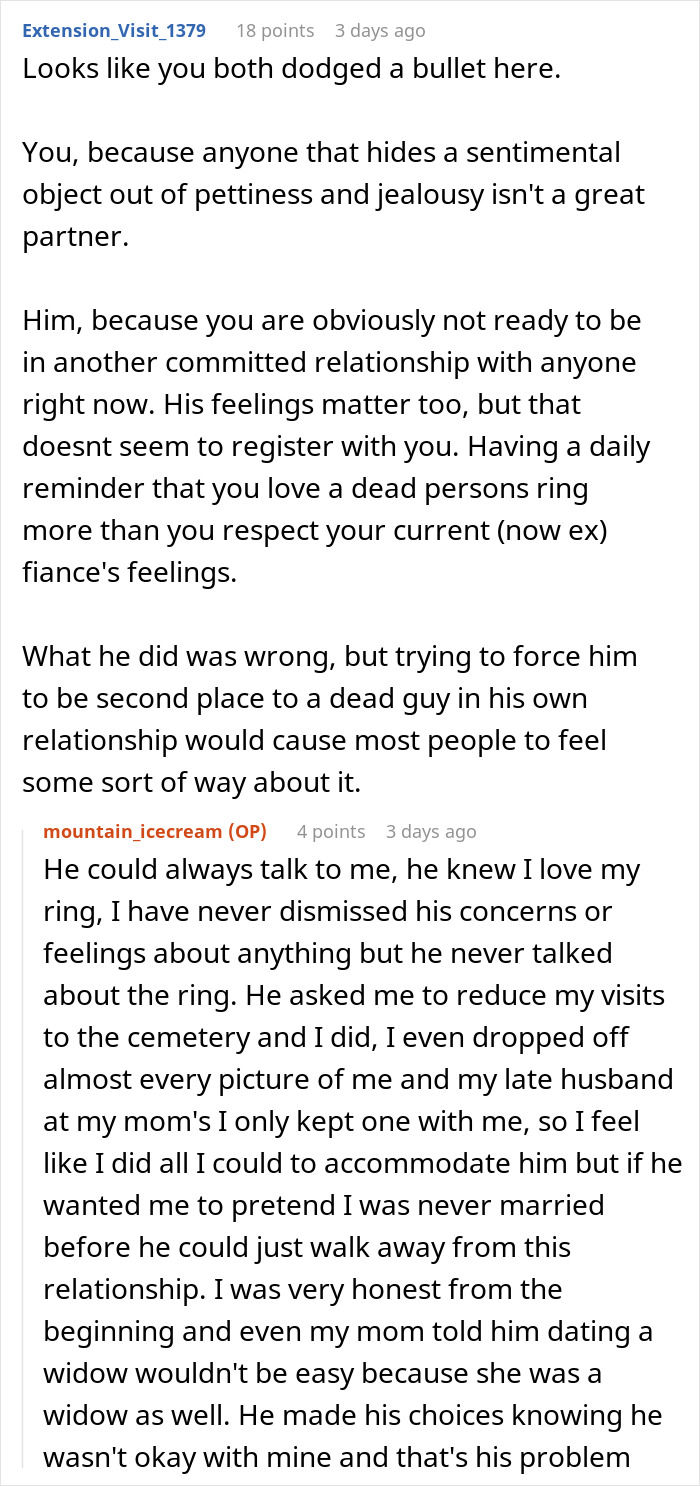 Reddit conversation discussing a breaking up ultimatum over ring and challenges in a new relationship.